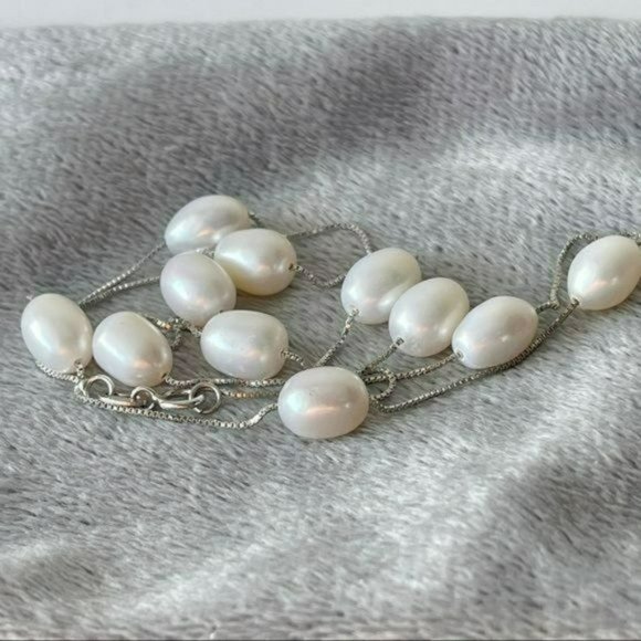 925 Sterling Silver Genuine Cultured White Freshwater Pearls Necklace 17.7in‎ - Picture 3 of 9